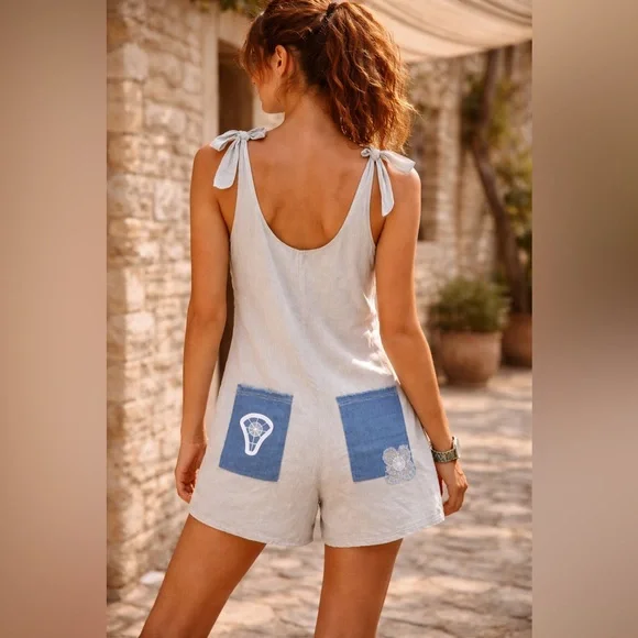 Organic Linen Cotton Romper Boho Handmade Floral Patch Lace Loose Fit S/M NWT - Picture 6 of 11